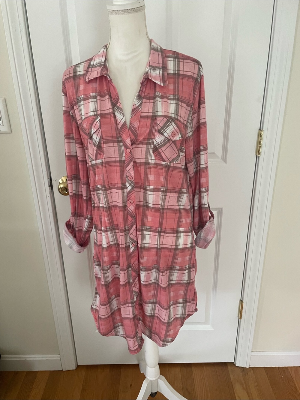 White Mark Pink and Gray Plaid Lightweight Button Shirt or dress